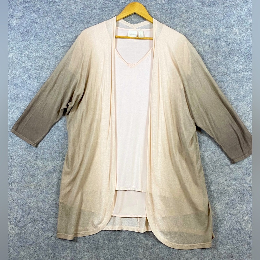 Chico’s Cardigan Sweater 2 Piece Set Size 2(L) Pale Pink Brown Ombré Open Front
